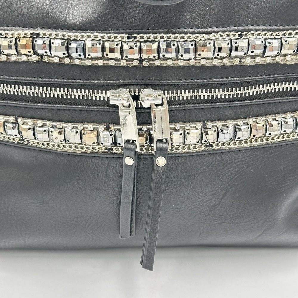 Faux Leather Black Silver Jeweled Large Shoulder Tote Bag 17 X 12 X 6 Edgy Chic - Picture 3 of 7